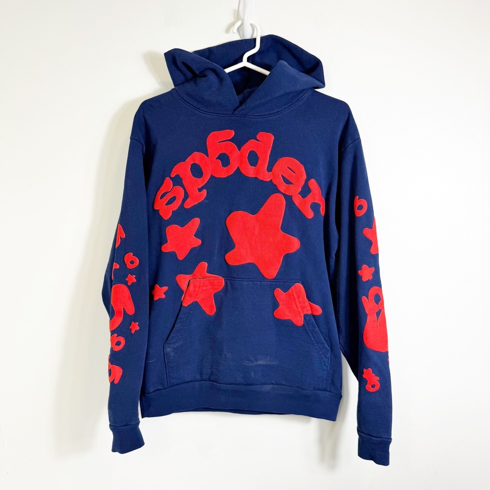 Sp5der Beluga Hoodie Mens Small Navy Blue Red Star Streetwear Sweatshirt